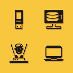 Set USB flash drive, Laptop, Hologram and Cloud database icon with long shadow. Vector