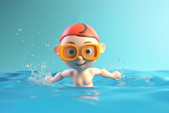 3D cartoon cute swimmer kid is swimming. Generative AI