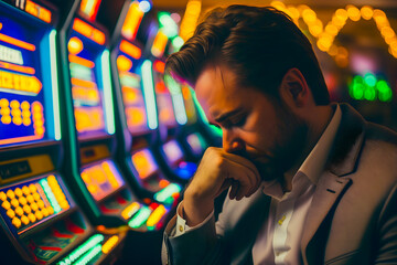 Unluckyman feeling sad and stressed after losing his money playing slots in a casino. Generative AI - obrazy, fototapety, plakaty