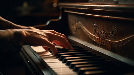 Fototapeta na wymiar Melodic Touch: Close-Up of a Male Pianist's Fingers Gracefully Dancing Across Piano Keys