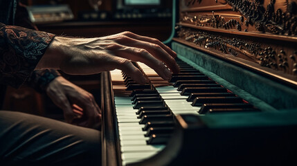 Melodic Touch: Close-Up of a Male Pianist's Fingers Gracefully Dancing Across Piano Keys