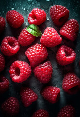 Seamless Raspberry Background with Water Drops, raspberries isolated closeup On Background, classy beautiful shadow. studio shot. market menu poster. closeup. top view flat lay. Generative AI