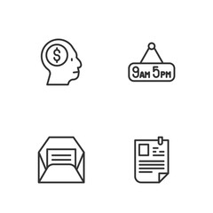 Set line Resume, Envelope, Business man planning mind and From 9 to 5 job icon. Vector
