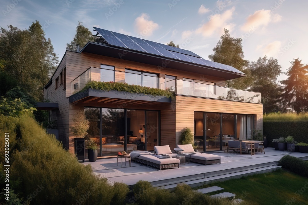 Poster a house with a solar panel on the roof and a deck with lounge chairs and a couch on the ground in fr
