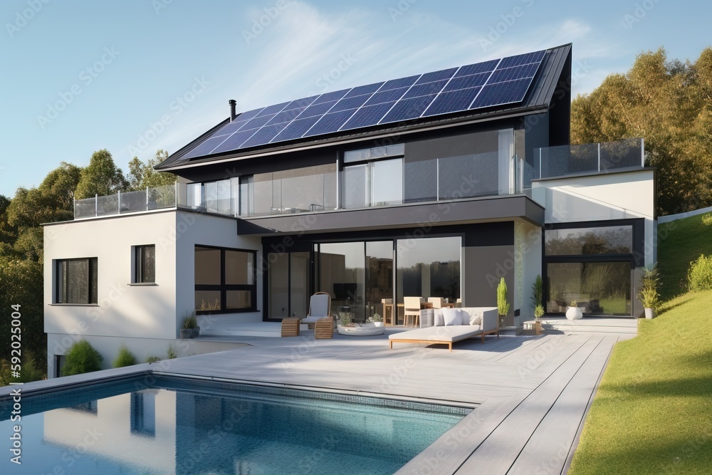 Poster a house with a solar panel on the roof and a pool in front of it with a lounge chair and a couch in 