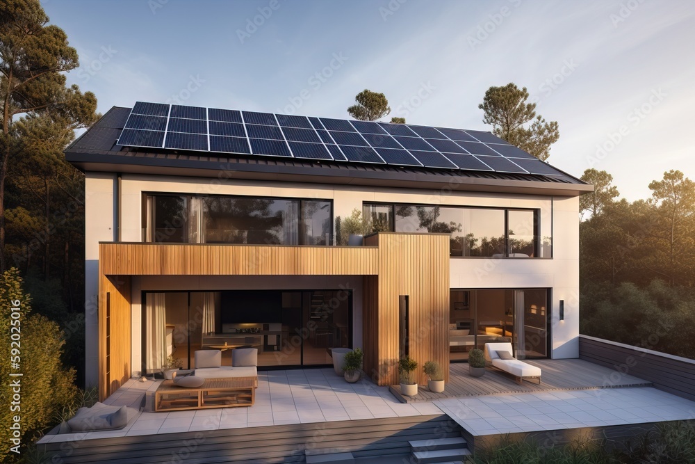Poster a house with a solar panel on the roof and a deck with a couch and table in front of it and a sunlit