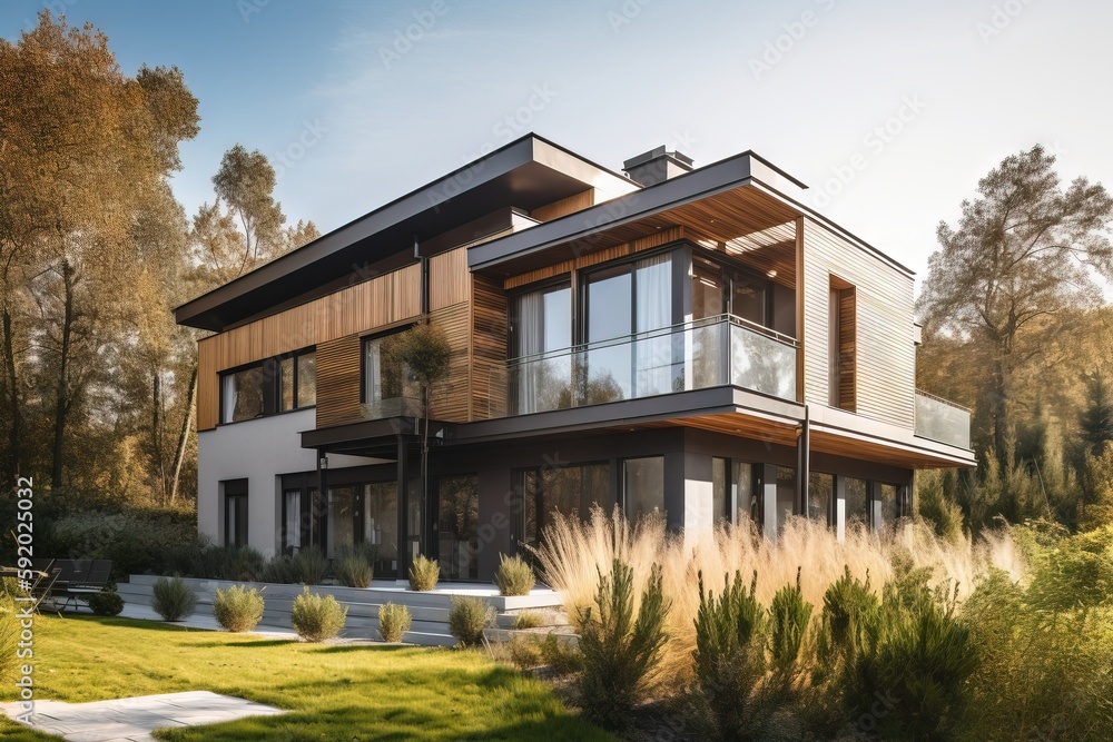 Poster a large house with a lot of windows and a lot of grass in front of it and trees in the back ground o
