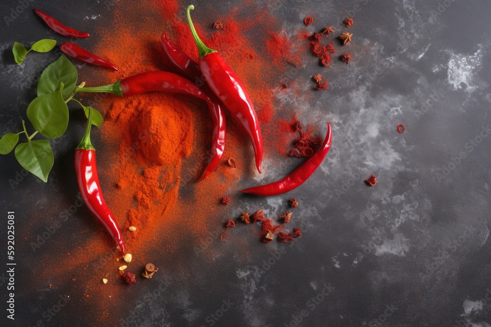 Aufkleber a group of red peppers and spices on a gray surface with a leafy sprig of red pepper on the left sid