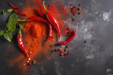  a group of red peppers and spices on a gray surface with a leafy sprig of red pepper on the left side of the image.  generative ai