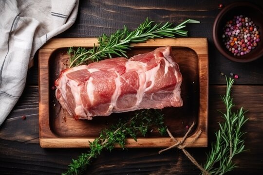  a piece of raw meat on a cutting board next to a bowl of spices and a napkin on a wooden table with a sprig of rosemary.  generative ai