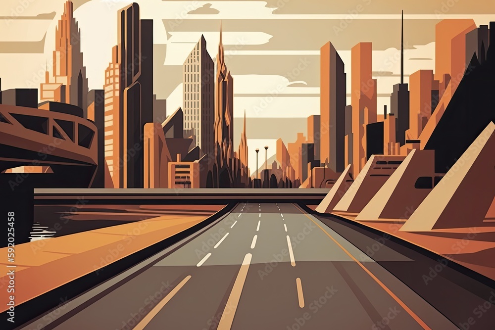 Poster cityscape with a busy highway running through it. generative ai