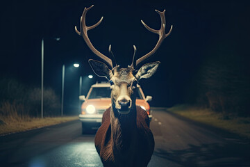 Stag in the Headlights of a car at night