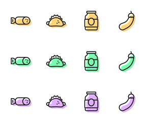 Set line Jam jar, Salami sausage, Taco with tortilla and Eggplant icon. Vector