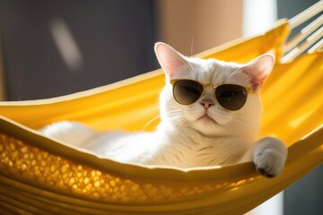 Adorable white cat wearing sunglasses poses for a portrait while laying on a fabric hammock against a sunny yellow backdrop, high quality generative ai