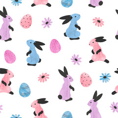Seamless Easter pattern with cute colorful bunnies and eggs. Vector watercolor illustration