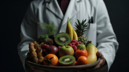 Doctor Nutritionist with Fruit in her hands. Al generated illustration