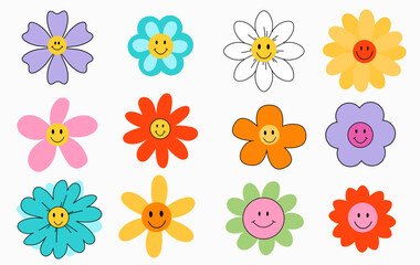 Set of colorful hand drawn smiling flowers in groovy style. 70s retro elements set. Simple Abstract flowers with different shapes and colors. Contemporary Vector illustration floral doodle elements