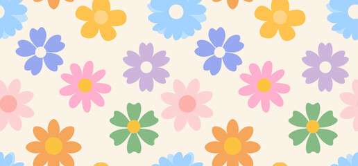 Floral boho seamless pattern with colorful flowers. Doodle style minimalistic background with various flowers. Retro floral design template with hand drawn flowers. Flat style Vector illustration.