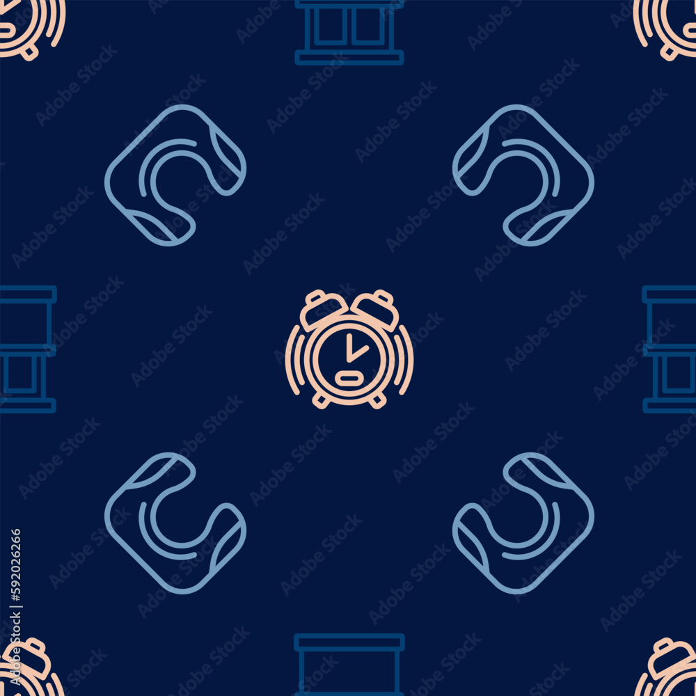 Poster set line window with curtains, travel neck pillow and alarm clock on seamless pattern. vector