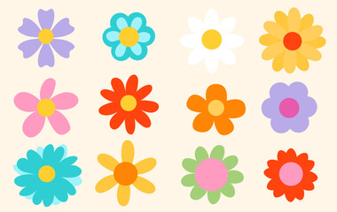 Set of colorful hand drawn flowers in retro style. 70s groovy floral elements set. Simple Abstract flowers with different shapes and colors. Contemporary Vector illustration floral doodle elements