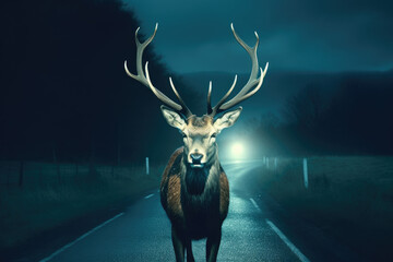 Stag in the Headlights of a car at night