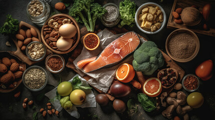 Obraz na płótnie Canvas Healthy food clean eating selection: fruit, vegetable, seeds, superfood, cereal, leaf vegetable on gray background. Al generated
