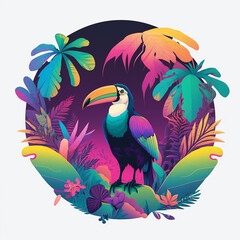 colorful neon illustration of a toucan with tropical plants and leafs