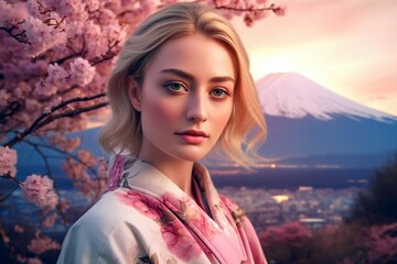KI generated Woman in Japan looking at beautiful view of mountain Fuji 