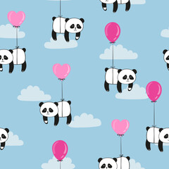 Seamless pattern with cute panda and balloons. Vector cartoon bears illustration - 592026618