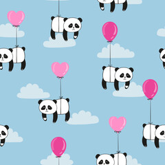 Seamless pattern with cute panda and balloons. Vector cartoon bears illustration © Afanasia