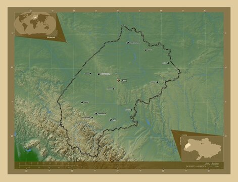 L'viv, Ukraine. Physical. Labelled points of cities