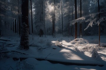 forest covered with snow, created with AI, generative AI, AI