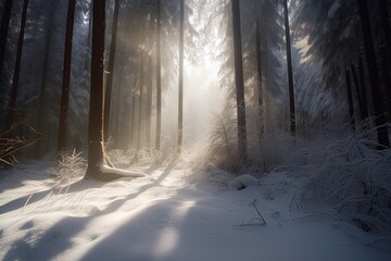 forest covered with snow, created with AI, generative AI, AI
