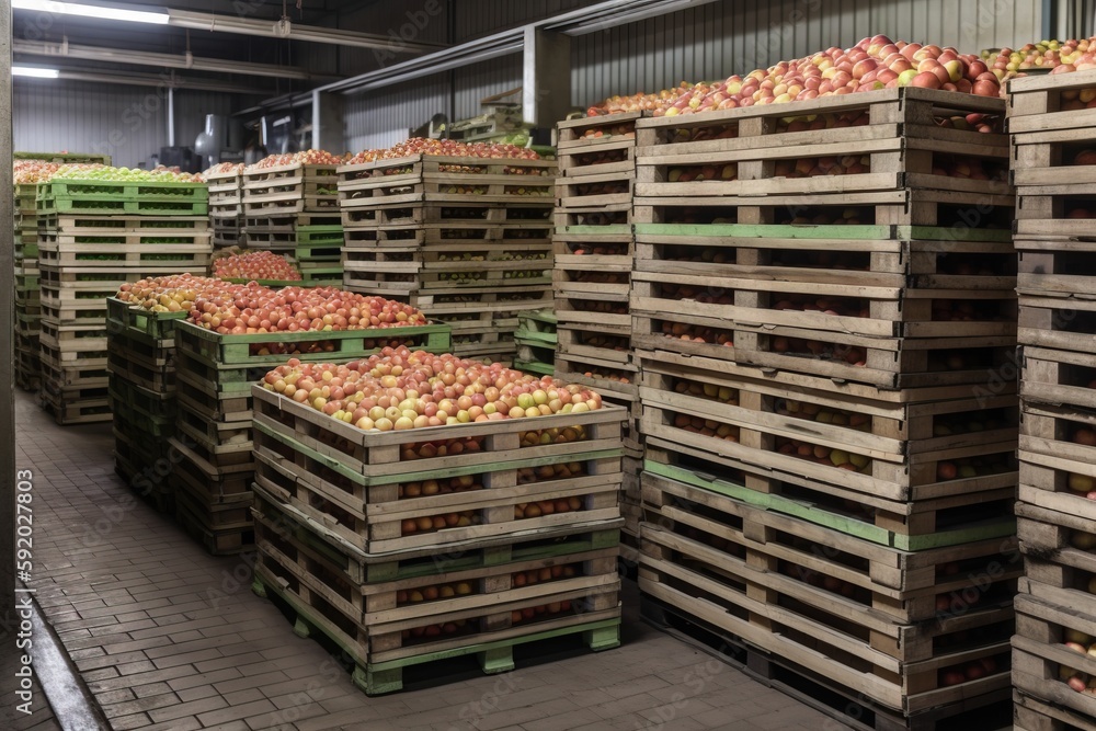 Poster a bunch of crates filled with apples in a warehouse or warehouse area with a man standing in the mid