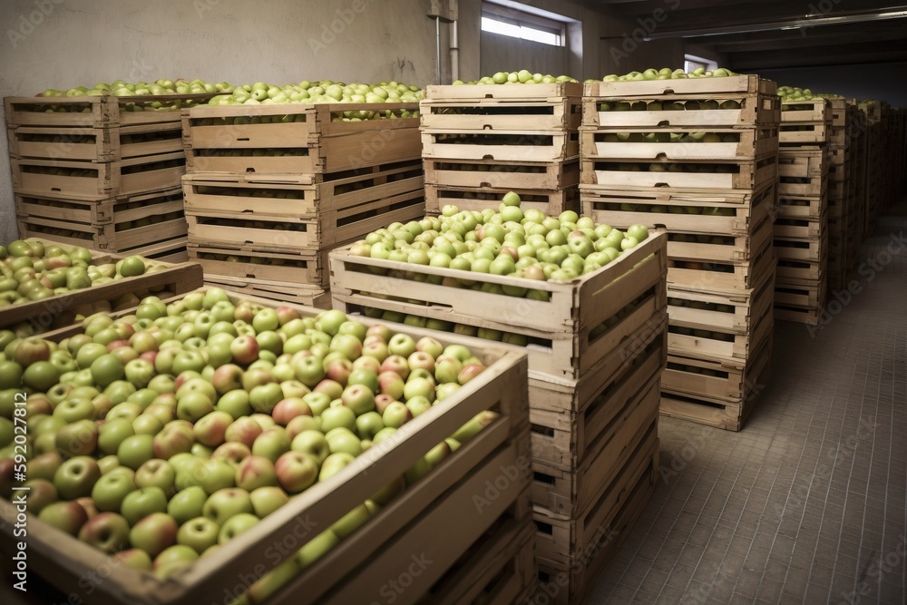 Poster  a bunch of crates filled with lots of green and red apples in them, sitting on the floor of a building with a large amount of wood pallets in front of them.  generative ai