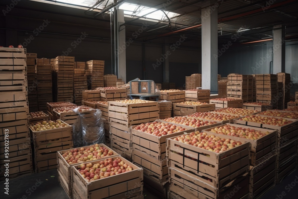 Poster a large amount of boxes of apples in an industrial warehouse with a large amount of boxes of apples 