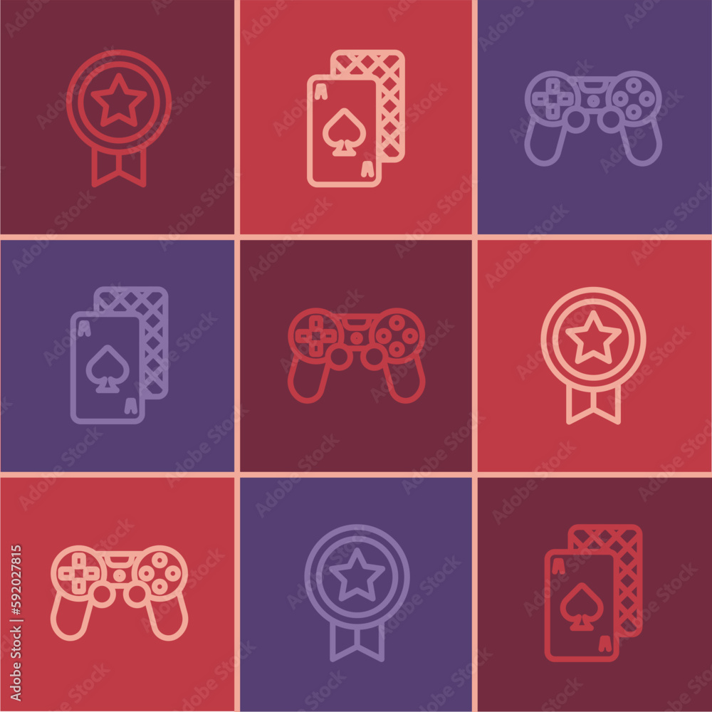 Poster set line game rating with medal, controller or joystick and playing cards icon. vector