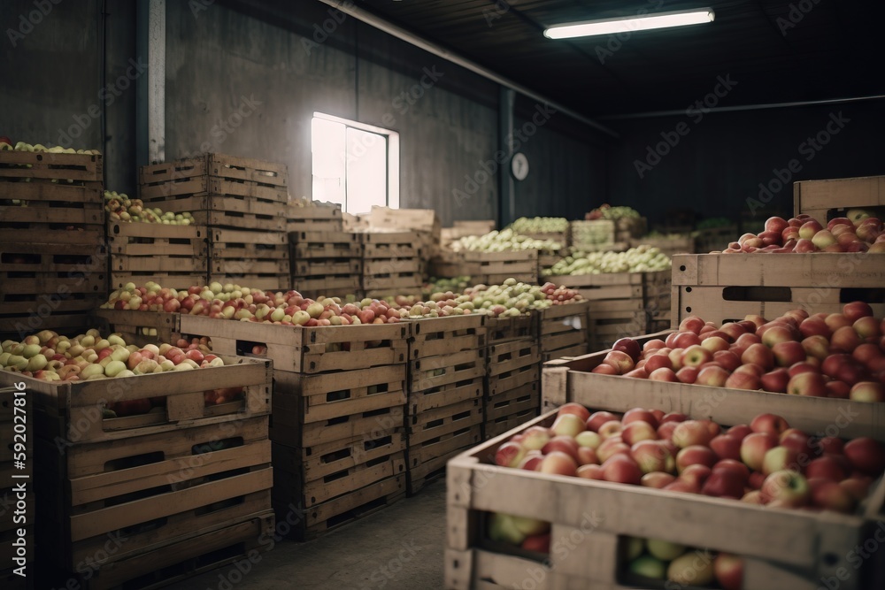 Poster a warehouse filled with lots of wooden crates filled with red and green apples and green apples in b
