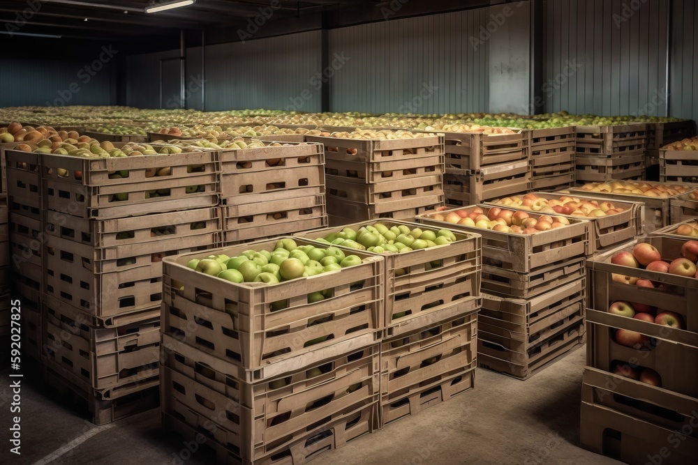 Poster a bunch of crates filled with lots of apples in a room with a wall of windows and a ceiling light in