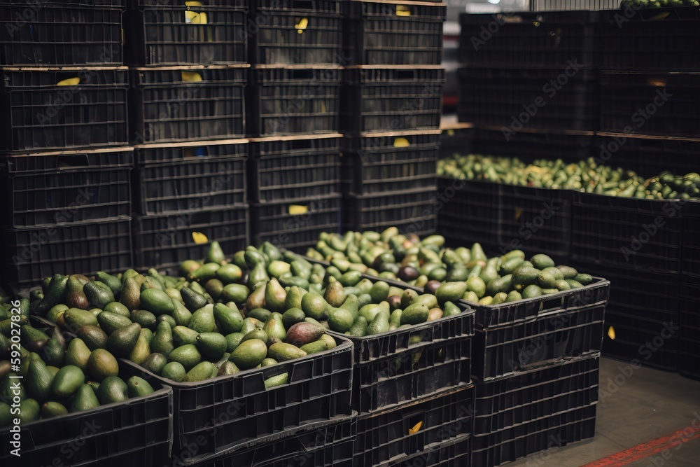 Poster a bunch of crates filled with lots of green fruit in a warehouse area of some sort with lots of blac