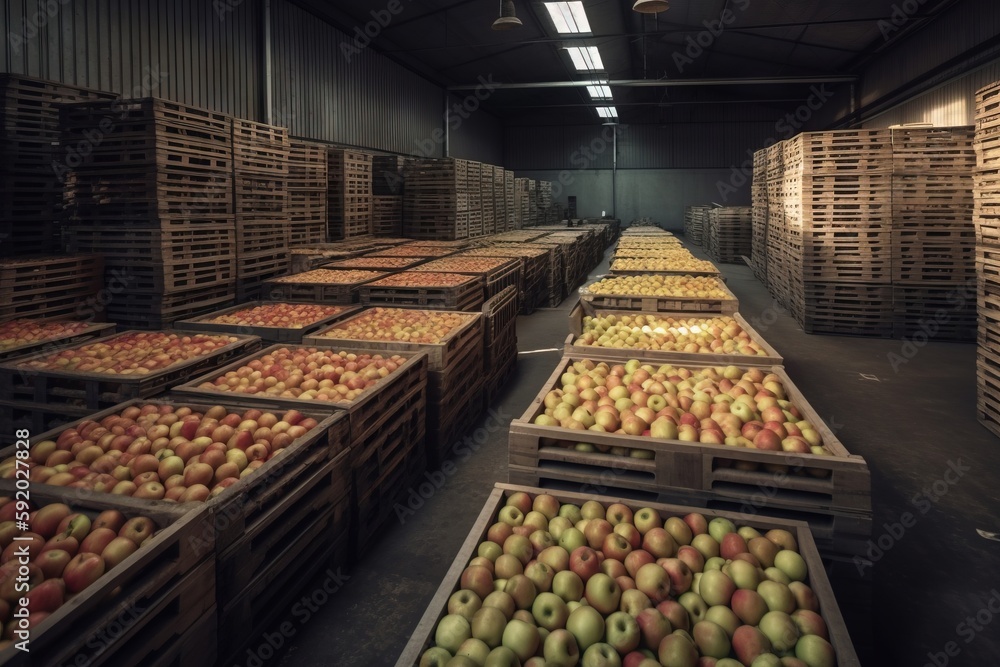 Poster a warehouse filled with lots of crates filled with lots of apples in it's bins and boxes of apples i