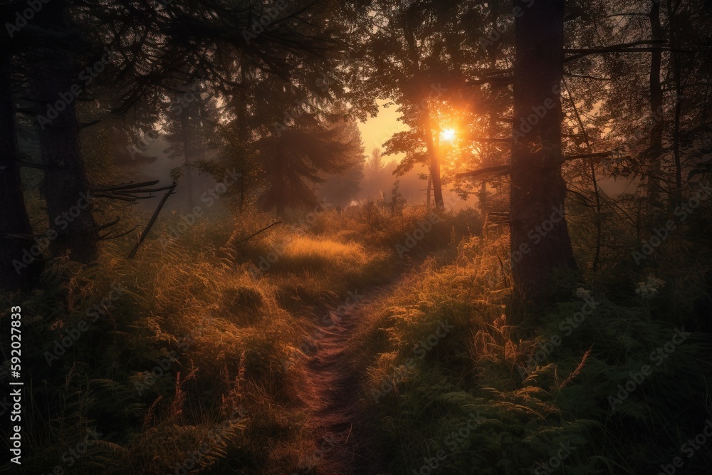 Poster a path through a forest with the sun shining through the trees and grass on both sides of the path i