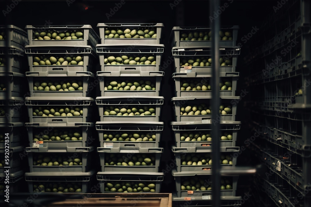 Poster a bunch of crates filled with lots of green apples in a warehouse area of some sort, with one of the