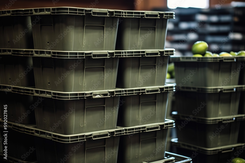 Poster a bunch of bins filled with green apples in a store setting with other bins in the background and a 