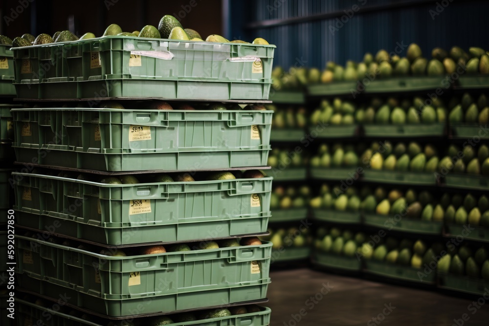 Poster a large stack of green bins filled with bananas and other fruit in a warehouse or storage area with 