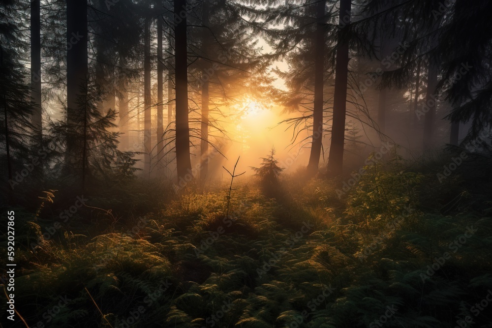 Poster the sun is shining through the fog in the forest with tall trees and ferns in the foreground, with a