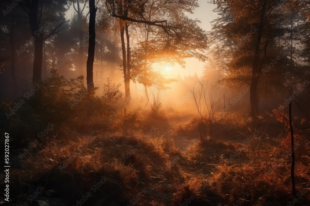 Aufkleber the sun is shining through the trees in the forest with tall grass and tall grass in the foreground,