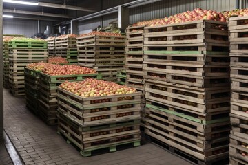  a bunch of crates filled with apples in a warehouse or warehouse area with a man standing in the middle of the crates and looking at the crates.  generative ai