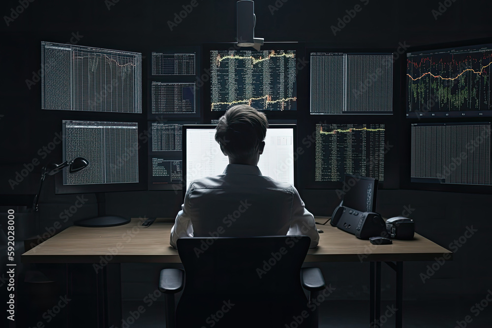 Aufkleber trader at workplace analising stock exchange graphs. man sitting at table, looking at screen with st