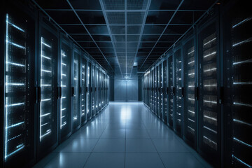 Big data center with server racks. Server room interior. Digital technology hardware. Created with Generative AI